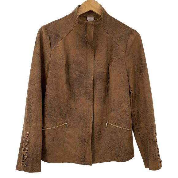 Chicos Faux Suede Jacket Zipper Front Moto Lace Up Sleeves Brown Womens Small 4 - Picture 2 of 8
